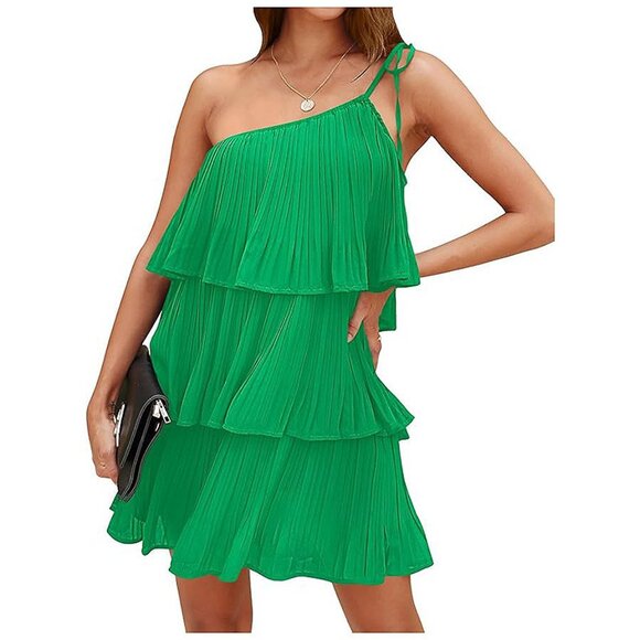 Dresses & Skirts - Summer One Shoulder Tie Mini Dresses Light Green